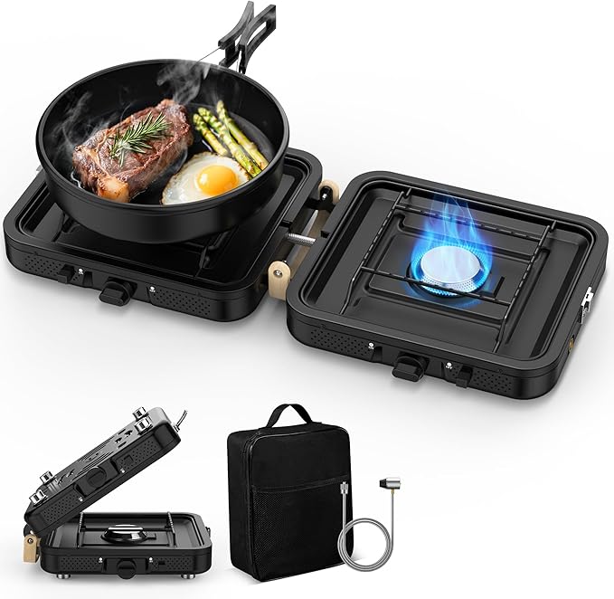 2 Burner Camping Stove, Folding Propane Camp Stove with Portable Carrying Bag, Adjustable High Heat Burners & Piezo Push-Button Instant Ignition, Outdoor Tailgating, Backyard BBQ Camping Essentials