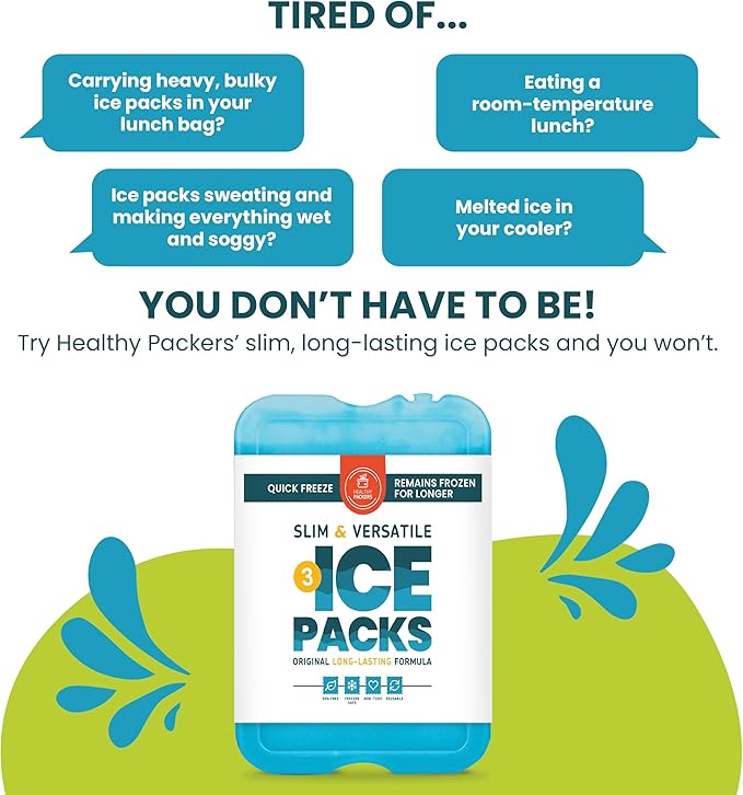 Healthy Packers Ice Packs for Lunch Boxes & Coolers - Freezer Packs - Original Cool Pack | Cooler Accessories for Beach, Camping & Fishing | Slim & Long-Lasting Reusable Ice Pack for Cooler