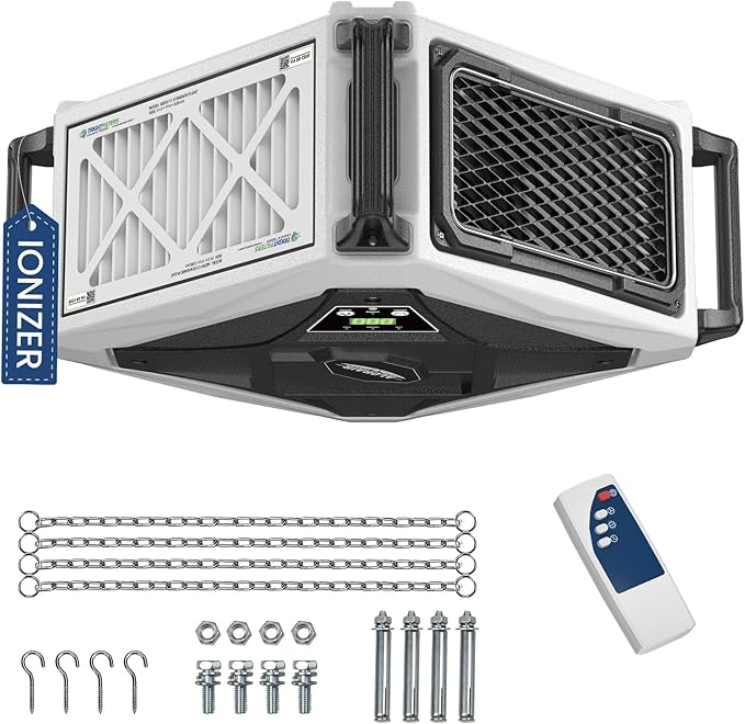 ALORAIR 2 Stage 270° Intake (580/780CFM) Air Filtration Systems Woodworking Built-In Ionizer with Remote Control & Strong Vortex Fan, Hanging Mode for Works Shop, Shop Dust Collectors, Purecare 780IG