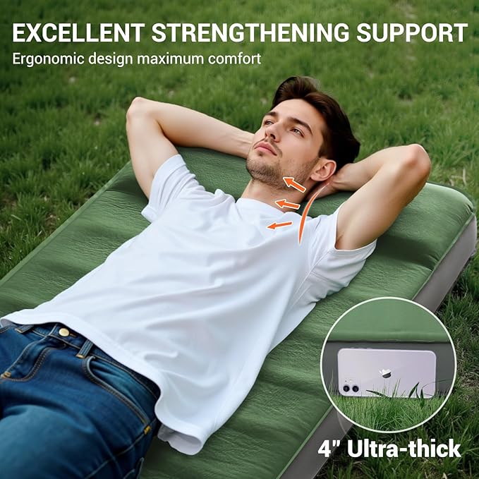 Elegear Air & Foam Self Inflating Sleeping Pad, Built-in Electric Pump 4" Ultra-Thick Memory Foam Camping Mattress with Pillow Camping Pad 4-Season R-Value 9.5 Camp Mat for Car/Traveling - Single