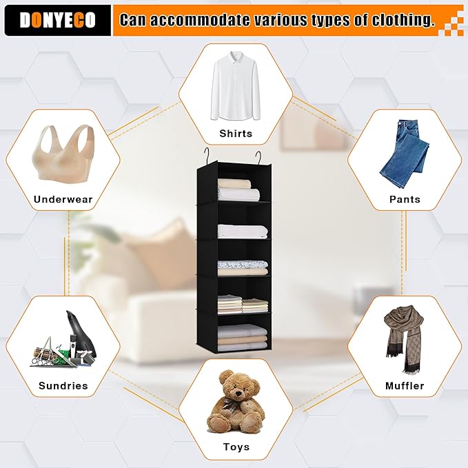 Hanging Closet Organizer and Storage 5-Shelf, Easy Mount Foldable Hanging Closet Wardrobe Shelves, Clothes Handbag Shoes Accessories Storage, Washable Oxford Cloth Fabric, Black