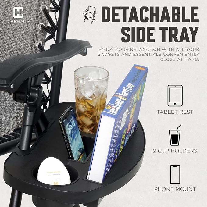 CAPHAUS Grey Zero Gravity Chair, Zero Gravity Recliner, Zero Gravity Lounge Chair, Reclining Outdoor Chair, Anti-Gravity Chair for Indoor & Outdoor, Folding Reclining Chair w/Side Tray, Grey