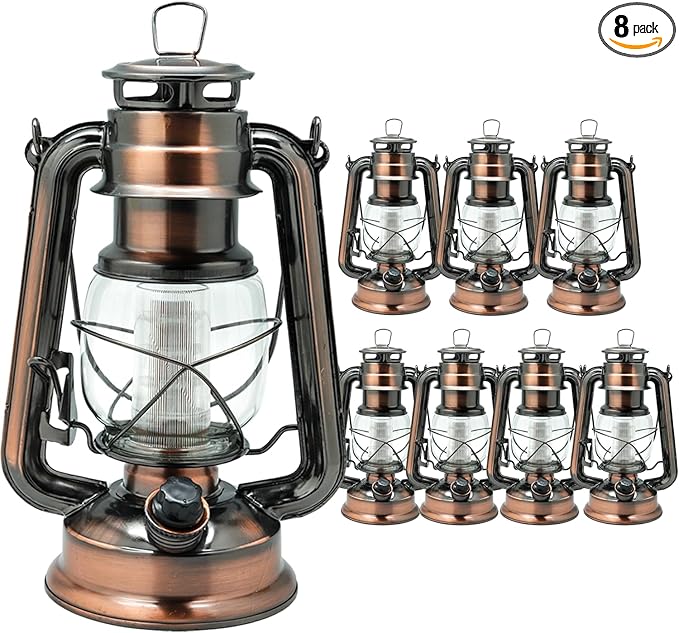 YAKii LED Vintage Lantern Metal Hanging Hurricane 12 LED Dimmer Switch Cold White Battery Operated Lantern Power Outage Indoor Camping Lighting Outdoor Brooklyn Decoration(Copper Pack of 8)