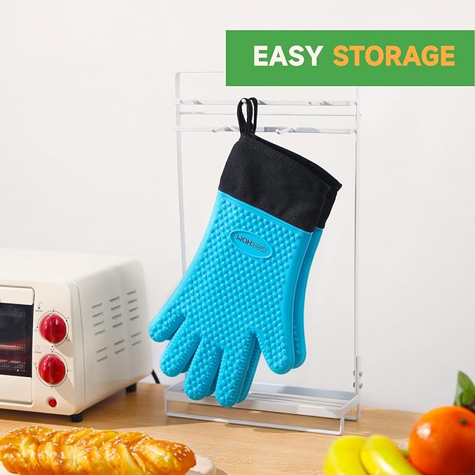 GEEKHOM BBQ Gloves Heat Resistant Oven Mitts - Silicone Grilling Gloves with 13.7" Arm Protection - Waterproof Pot Holder Non-Slip for Men & Women, Kitchen Outdoor Cooking, Baking, Camping, Blue