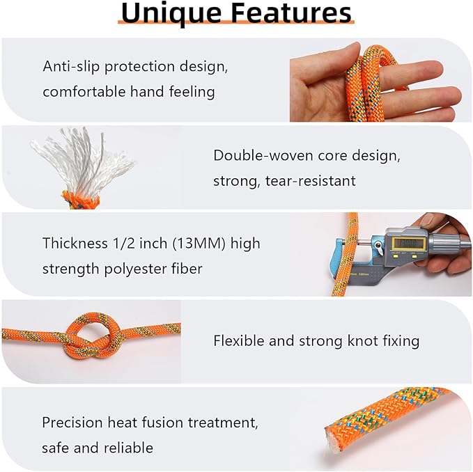 Climbing Rope, 1/2 Inch x 150 Feet Double Braided Arborist Rope Polyester for Outdoor, Climbing, Hiking, Swing, Tree Work, Halyard, Sailing etc(Orange)