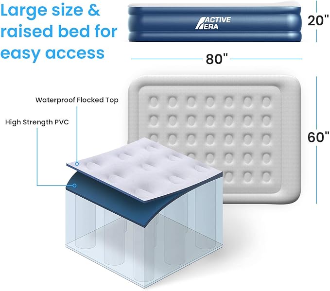 Active Era Premium 20" Queen Air Mattress with Built in Pump, Raised Pillow, Puncture Resistant Waterproof Soft Top, Elevated Inflatable Bed for Guests Queen Size Blow Up Mattress, Quick Electric Pump