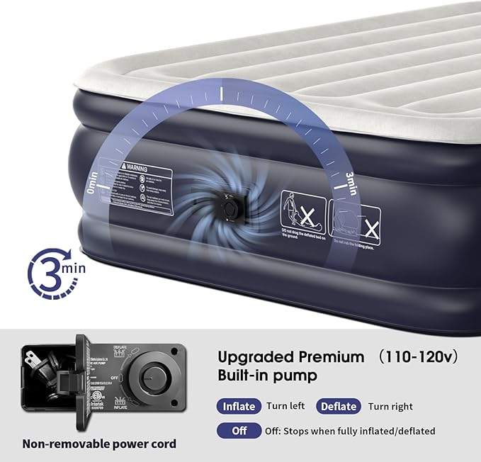 Air Mattress Full with Built in Pump,18''Inflatable Mattress of Upgraded Vertical Beams,Self Inflatable/Deflation Blow Up Mattress in 3 Mins,Flocked Top Airbed with Carry Bag for Home, Camping