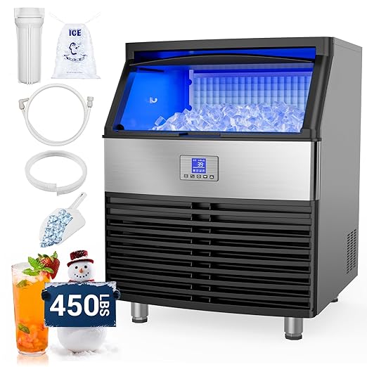 Commercial Ice Maker, 450Lbs/24H Under Counter Ice Maker Machine, 120Lbs Storage Bin, Adjustable Thickness Settings, Ideal for Home Bar Cafe Restaurants