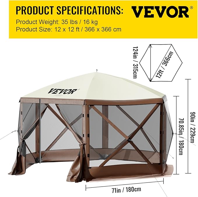 VEVOR 12 * 12ft 6 Sided Pop-up Canopy Shelter Tent with Mesh Windows, Portable Carry Bag, Stakes, Large Shade Tents for Outdoor Camping, Lawn and Backyard, Brown/Beige