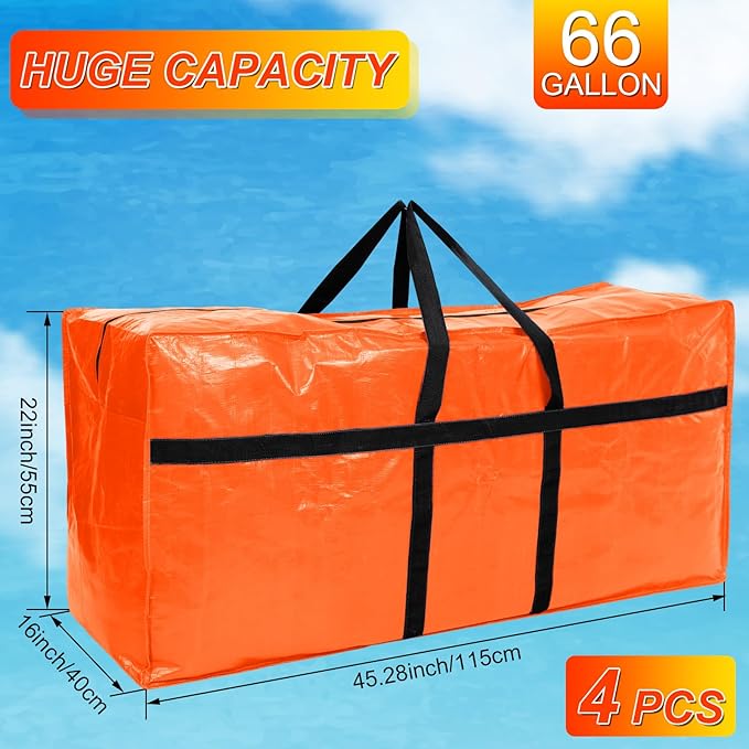 4 Pcs 66 Gallon Large Moving Bags with Zipper and Handles Foldable Storage Duffle Bags Heavy Duty Extra Large Totes for College Dorm Travel Clothes Blankets Bedding Moving (Orange)