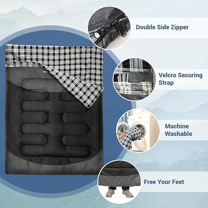 Double Sleeping Bag for Adults Machine Washable 2 Person Camping Sleeping Bag Queen Size Waterproof with Compression Sack for Cold Weather 3-4 Seasons