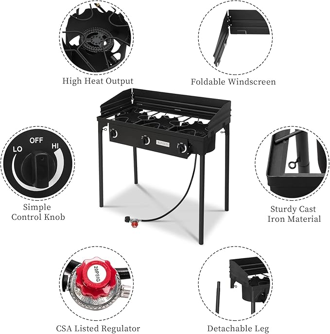 ROVSUN 2/3 Burner Outdoor Propane Gas Stove High Pressure Stand Cooker for Backyard Cooking Camping Home Brewing Canning Turkey Frying, 20 PSI CSA Listed Regulator