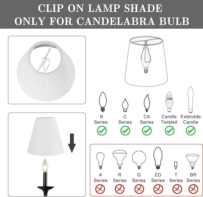 6Pcs Chandelier Lamp Shades, Pleated White Empire Scalloped Fabric Mini Clip-on Bulb Lamp Shade Set of 6 3×6×5 in Small Replacement Lampshade