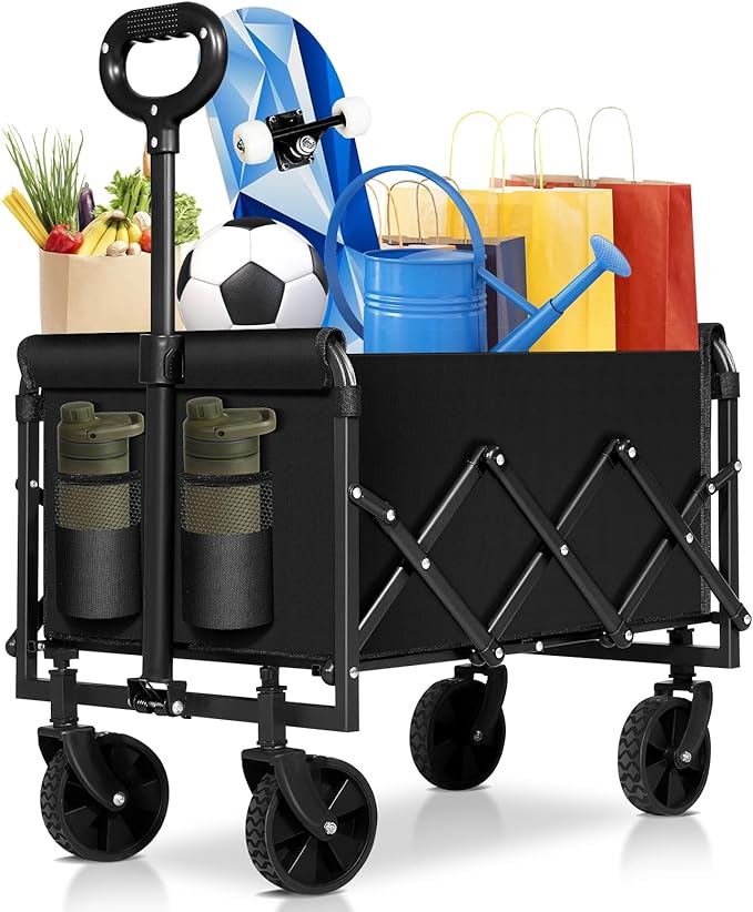 Collapsible Wagon Cart Foldable, Portable Heavy Duty Collapsible Beach Cart All Terrain with Large Capacity, Garden Wagons with Wheels for Shopping, Sports, Camping，Garden，Grocery
