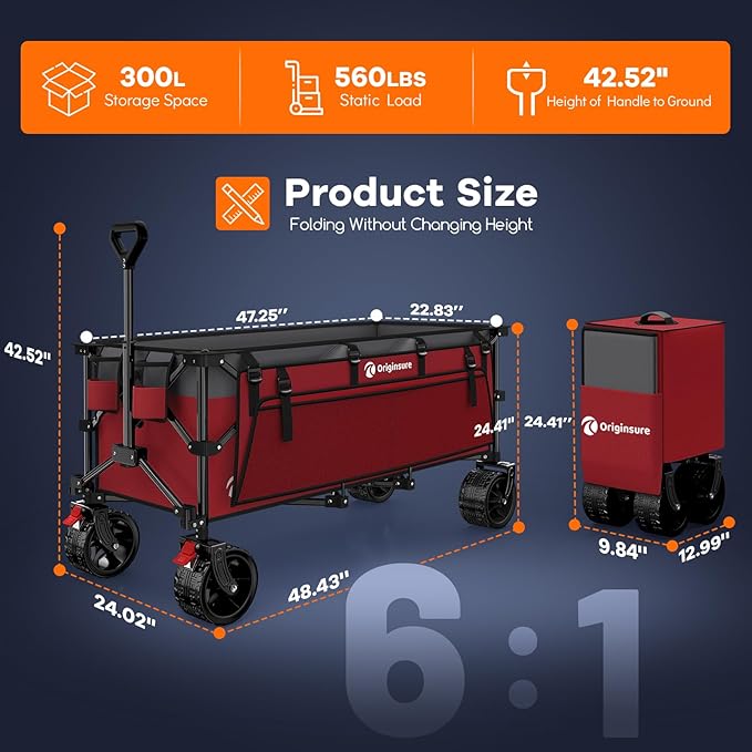 48" L Collapsible Wagon Cart Foldable, 560LB Weight Capacity 300L Heavy Duty Folding Beach Wagons with Big All-Terrain Wheels, Utility Carts for Groceries, Shopping, Camping, Sports - Grey&Red