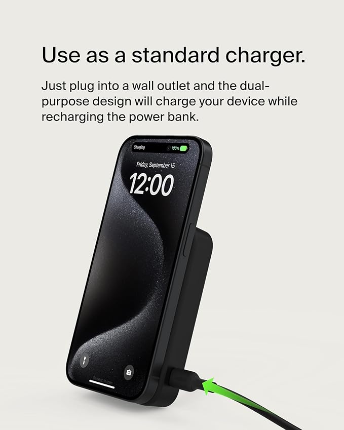 Belkin Portable Charger, Wireless Power Bank 15W 10000 mAh w/ Qi2, MagSafe Charger + Built-in Pop-up Kickstand - Compatible w/iPhone 17, Air, Pro, Pro Max, Google Pixel 10, etc. - Black