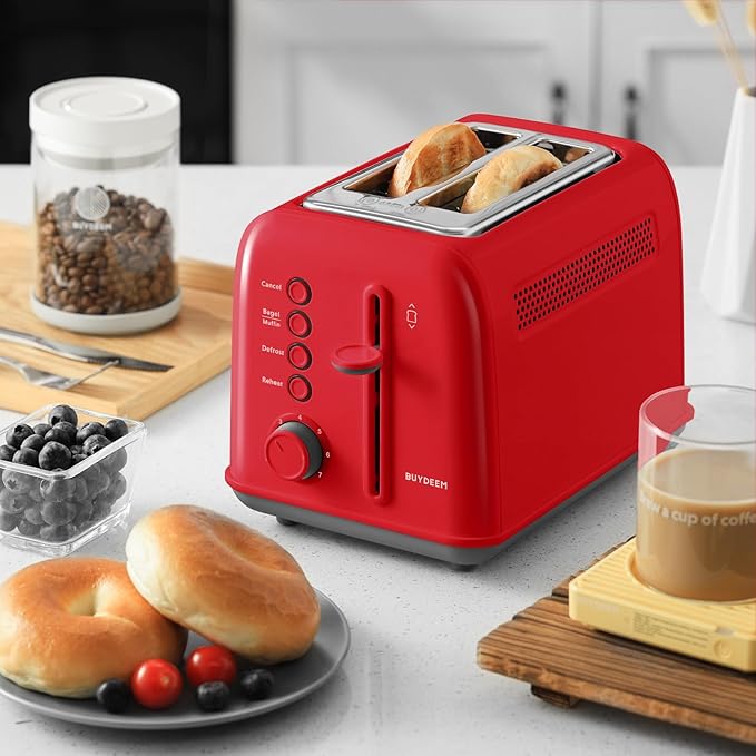 BUYDEEM DT620 2-Slice Toaster, Extra Wide Slots, Retro Stainless Steel with High Lift Lever, Bagel and Muffin Function, Removal Crumb Tray, 7-Shade Settings,Red