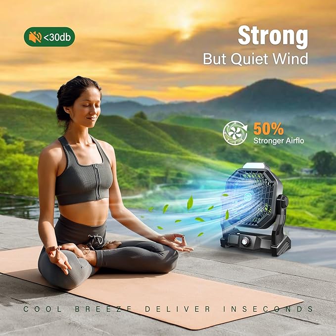 10400mAh Solar Fan with LED Lantern, Camping Fan with Solar Panel, 7W Rechargeable Solar Powered for Outside, Quiet Battery Operated Tent for Picnic, Barbecue, Fishing, Travel