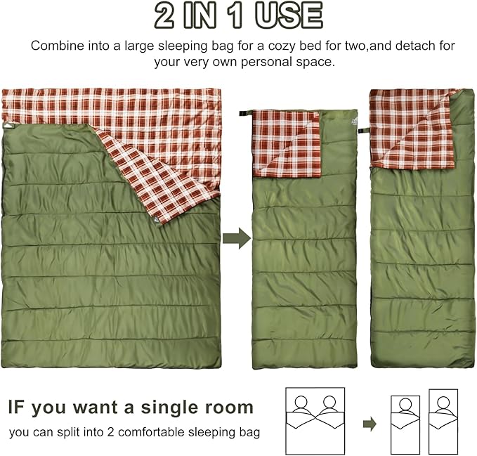 AGEMORE Cotton Flannel Double Sleeping Bag for Camping, Backpacking Or Hiking. Queen Size 2 Person Waterproof Sleeping Bag for Adults Or Teens. Lightweight with Compression Sack