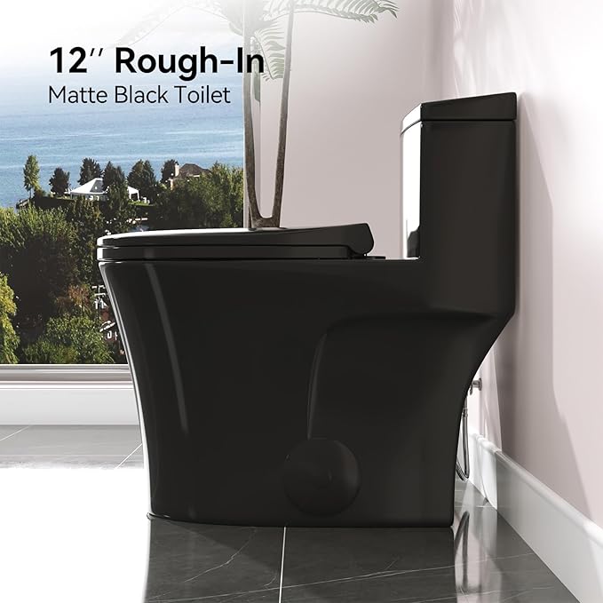 HOROW T0338WB Elongated One Piece Toilet Black, Compact Modern Toilet with Comfortable Seat Height, ADA Chair Height 17.3", Power Dual Flush 0.8/1.28 GPF & MAP 1000g, Matte Black, 12" Rough-in