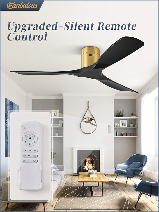 52" Ceiling Fans without Lights, Flush Mount Ceiling Fan with Remote Control Modern,Low Profile Ceiling Fans with 6-Speeds Reversible DC Motor for Patio Living Room Bedroom(Black)