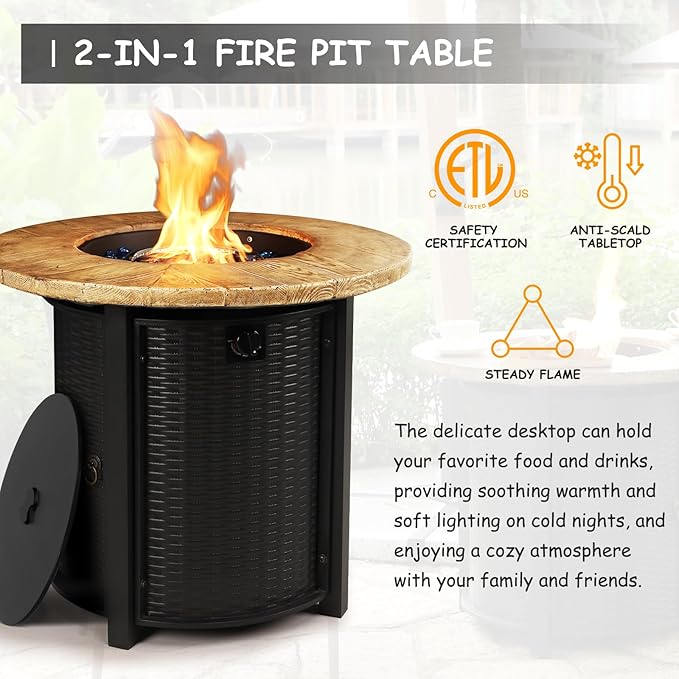 30 Inch Round Propane Fire Pit,50,000 BTU Iron Gas Firepit with Ignition Systems, w/Lid, Glass Stones,Outdoor Fire Table for Outside Patio,Deck-Black