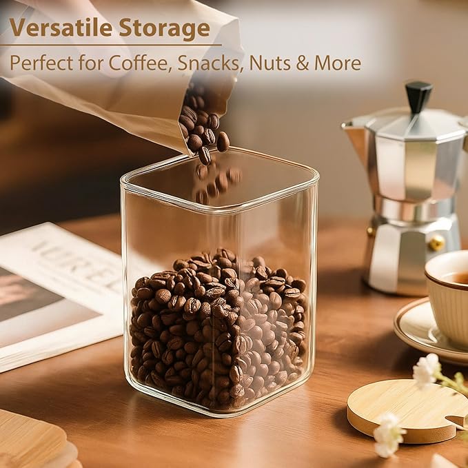 37oz Square Glass Storage Containers with Bamboo Lids – 4 Pack Clear Food Airtight Glass Jars for Pantry Organizers and Storage, Kitchen Dry Food, Coffee, Sugar, Flour, Snacks, Spices