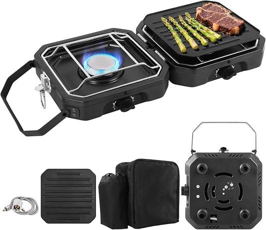 Dollate 2-Burner Propane Stove with Griddle and Carrying Bag, Portable Foldable Camping Stove with 2 Adjustable Burners 16000 BTUs,for Camping Tailgating Essentials Gear (Black)