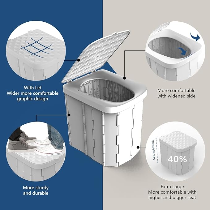 Hapoon XL Portable Folding Toilet with Lid - Travel Portable Potty for Adults, 12 Toilet Bags, 12 Pack Liquid Waste Gel