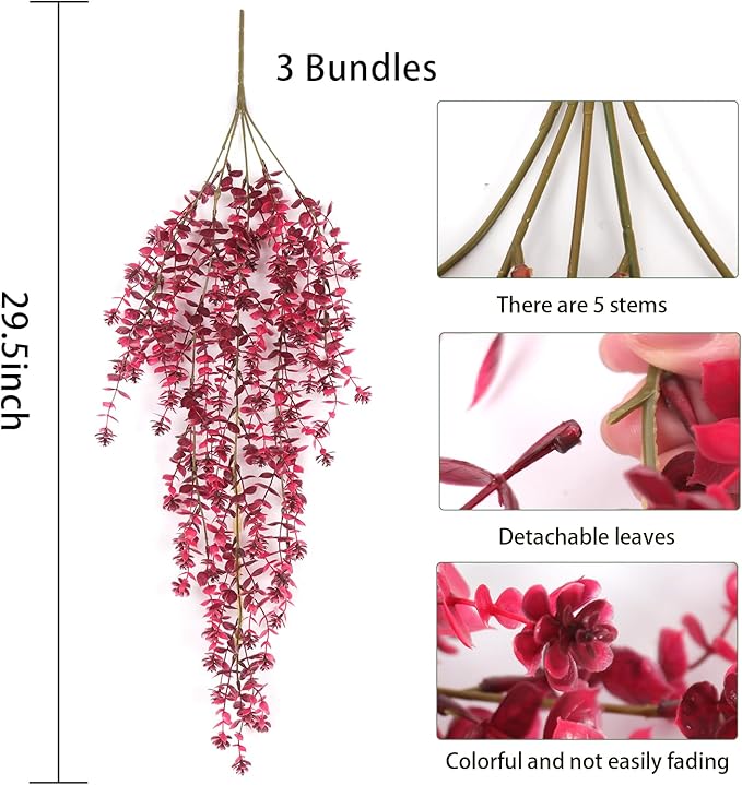 Artificial Hanging Plants Artificial Fall Flowers Faux Autumn Plants Artificial Ferns for Outdoors Hanging Fake Vines Faux Hanging Plants for Fall Decor Indoor Outdoor House Wedding Party(Wine Red)