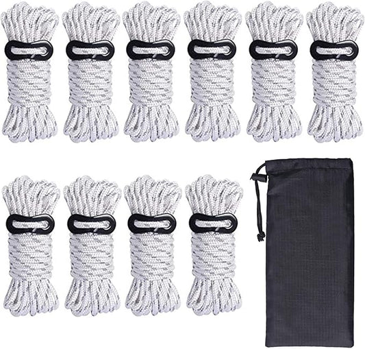 Hikeman 10 Pack 4mm Camping Rope Reflective Outdoor Guy Lines with Aluminum Guyline Adjuster Tensioners Nylon Tent Tie Downs for Hiking Backpacking Tarp,Canopy Shelter (White)