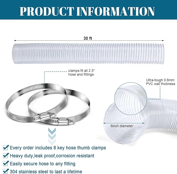 6 Inches 30 ft PVC Dust Collection Hose with Stainless Steel Clamps Set Flexible Clear Vacuum Puncture Resistant Fume Hose for Vacuums Cleaner Fume Dust Collection System (White)