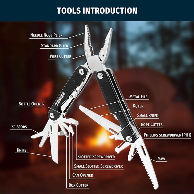16-in-1 Multitool Pliers, Portable Camping Multi Tool with Safety Lock, Outdoor Survival Gear for Hiking, Hunting, Backpacking