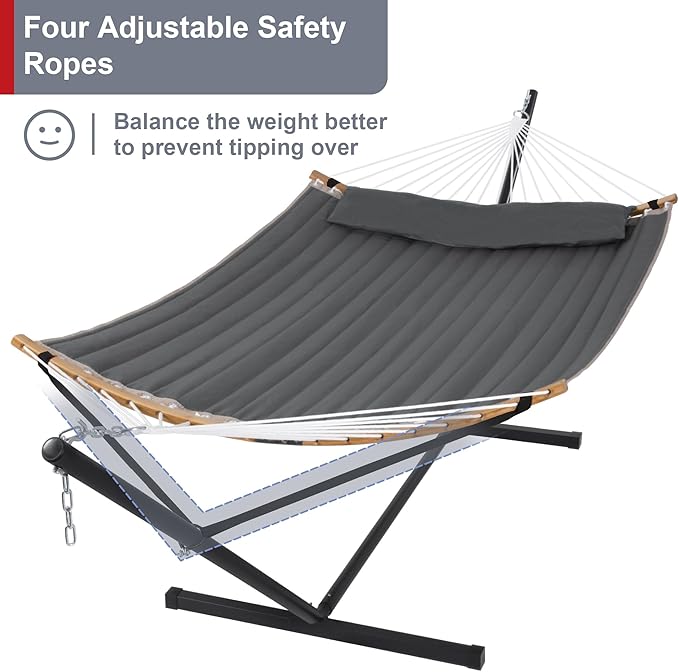 55in Hammock with Stand, Heavy Duty Hammock with Stand Included, Two Person Hammock with Curved Spreader Bar, Pillow and Portable Bag, 450 Lbs Capacity, Dark Gray