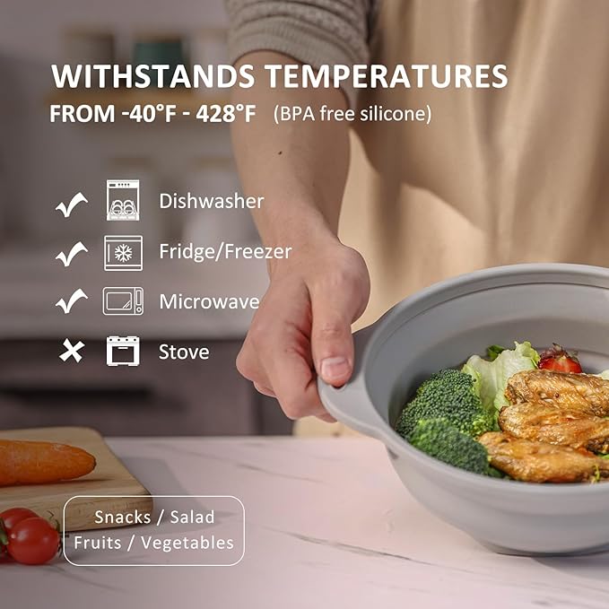 Collapsible Bowl Set 64 oz Collapsible Salad Bowl Collapsible Bowl with Lid Silicone Foldable Bowl Camping Bowl Set (Grey), Large, Gray