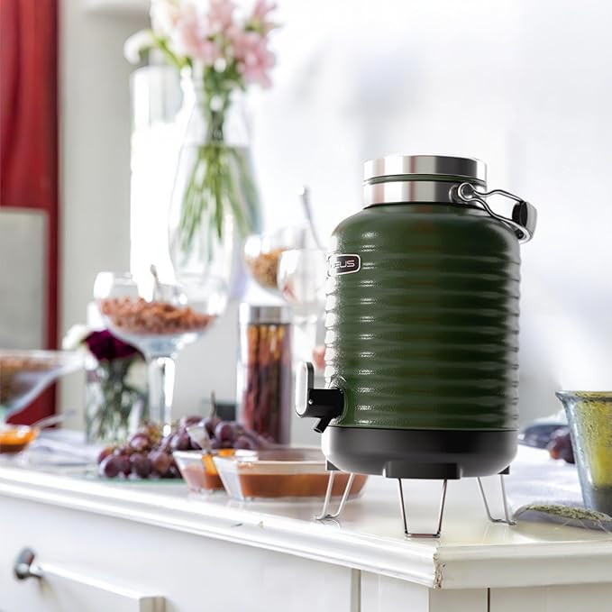 IDEUS Insulated Beverage Dispenser 5.2L, All-in-one for Camping Vacuum Double-Wall Stainless Steel Water Cooler Coffee Carafe Jug Leakproof Drink Container with Handle, Spigot & Stand (Green)