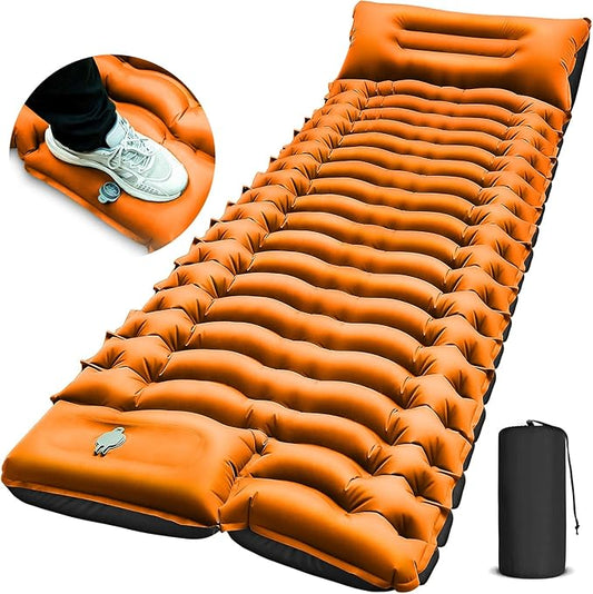 Camping Sleeping Pad, Ultralight Camping Mat with Pillow Built-in Foot Pump Inflatable Sleeping Pads Compact for Camping Backpacking Hiking Traveling - Orange