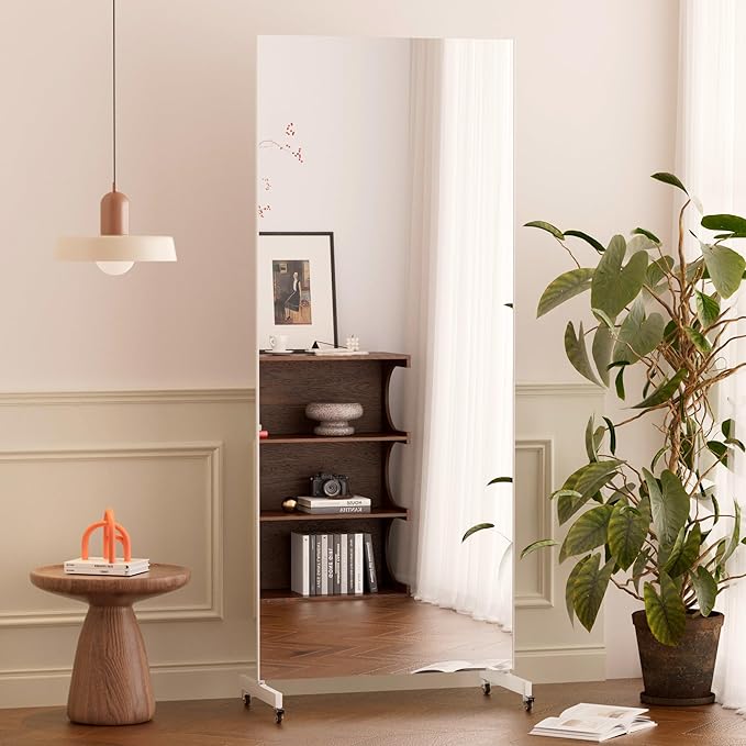 brisafe Home Gym Mirror 360° Swivel on Wheels, 75" X 32" Nano Film Super Lightweight Unbreakable Full Length Mirror for Yoga, Dance Studio, White