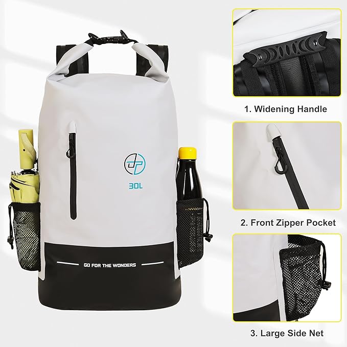 UPWELL Waterproof Dry Bag 30L Boating Backpack for Travel Hiking Camping Bags for Kayaking Hiking Waterproof Bags Swimming Floating Submersible Dry Bag Grey&White