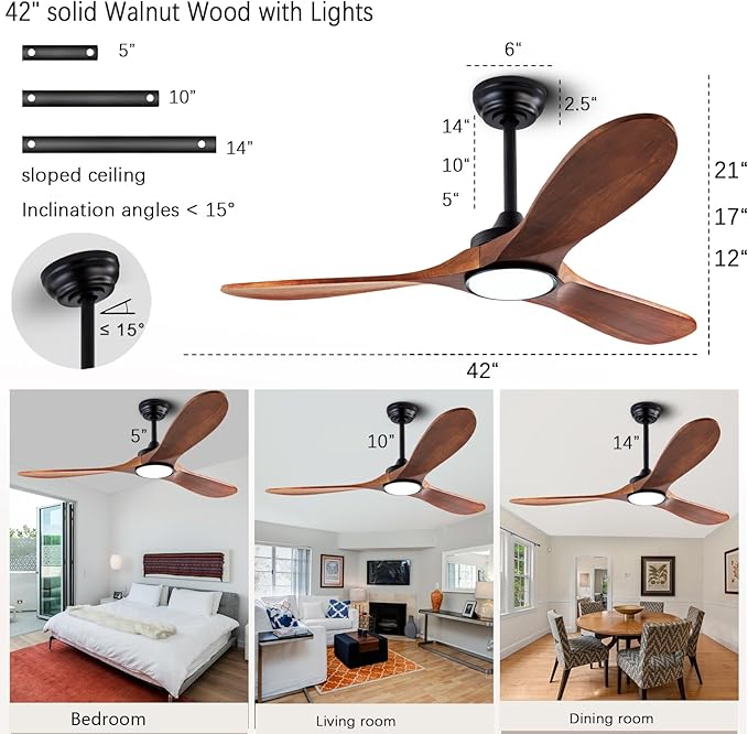 42" Wood Ceiling Fans with Lights and Remote Control,Indoor Outdoor 3 Blades Wooden Ceiling Fan for Garage,Patio,Living Rooms,Bedrooms,Offices,Farmhouse(Black+Dark Walnut)