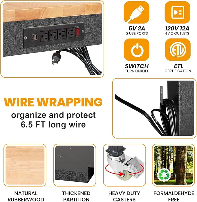 48"/60'' Adjustable Workbench, Rubber Wood Top Work Bench Heavy-Duty Work Table with Power Outlet, Wheels, Partition 2000 LBS Load Capacity Hardwood Work Benches for Garage, Workshop, Home, Office