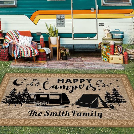 Custom Camping Rugs Happy Camper RV Trailer Campsite Decor Floor Mat for Outdoors, Patio, Backyard, Picnic, Beach, Camping, 66 x 99 Inch, 20 RV Optional