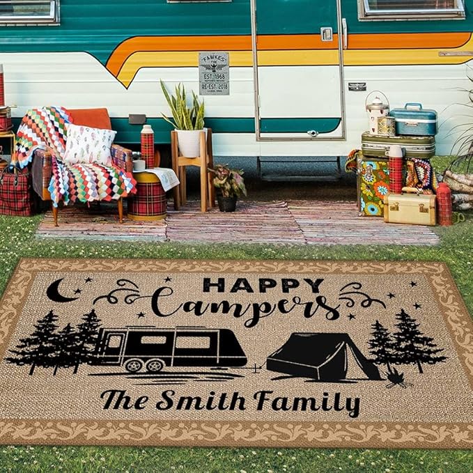 Custom Camping Rugs Happy Camper RV Trailer Campsite Decor Floor Mat for Outdoors, Patio, Backyard, Picnic, Beach, Camping, 70 x 108 Inch, 20 RV Optional