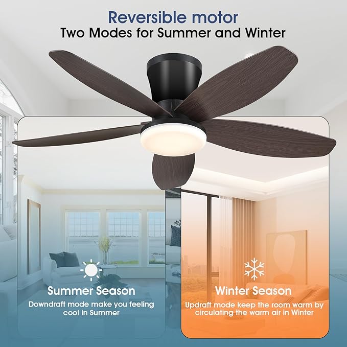 Ceiling Fans with Lights-36 Low Profile Ceiling Fan with Light and Remote/APP Control,Flush Mount,DC Reversible,LED Dimmable Modern Ceiling Fans for Bedroom,Indoor/Outdoor Patio Use(Brown)
