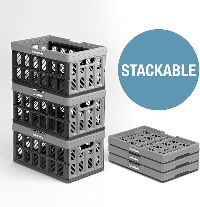 CleverMade Collapsible Shopping Basket, Stone, 3PK - 24L (6 Gal) Reusable Plastic Grocery Shopping Baskets, Holds 25lbs Per Basket - Small Foldable Storage Crates with Handles