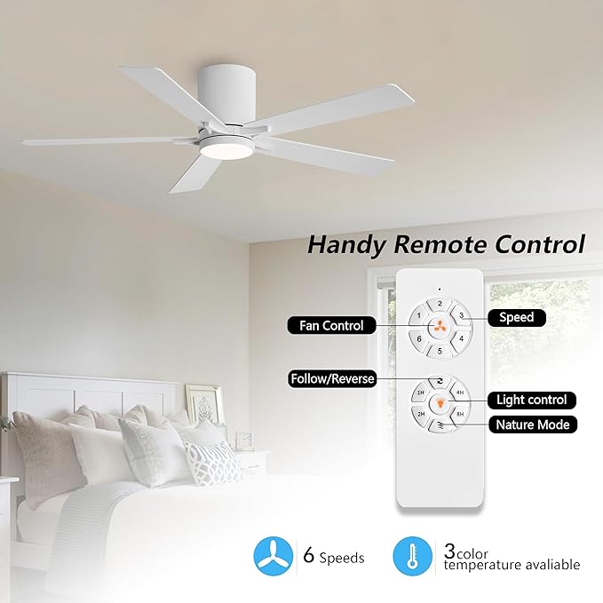 WINGBO 48" DC Flush Mount Ceiling Fan with Lights, 6-Speed Reversible DC Motor, 3CCT, Low Profile Hugger Ceiling Fan for Living Room Bedroom Kitchen, White Finish and White/Oak Blades
