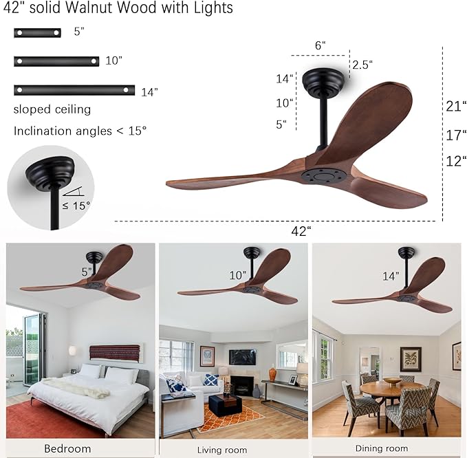 42" Wood Ceiling Fan No Lights with Remote Control, Wooden 3 Blades Ceiling Fans Without Light for Patio,Garage,Living Room,Bedroom,Office,Indoor/Outdoor(Black+Dark Walnut)