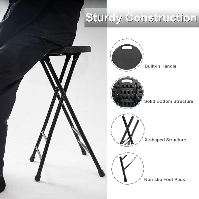 24-Inch Folding Stool with Handle, Folding Bar Stool with Non-Slip Feet,Folding Chair,Indoor and Outdoor Foldable Stool for Adults,500 lbs Capacity,Kitchen,Game Room(13"×11.5"×24")