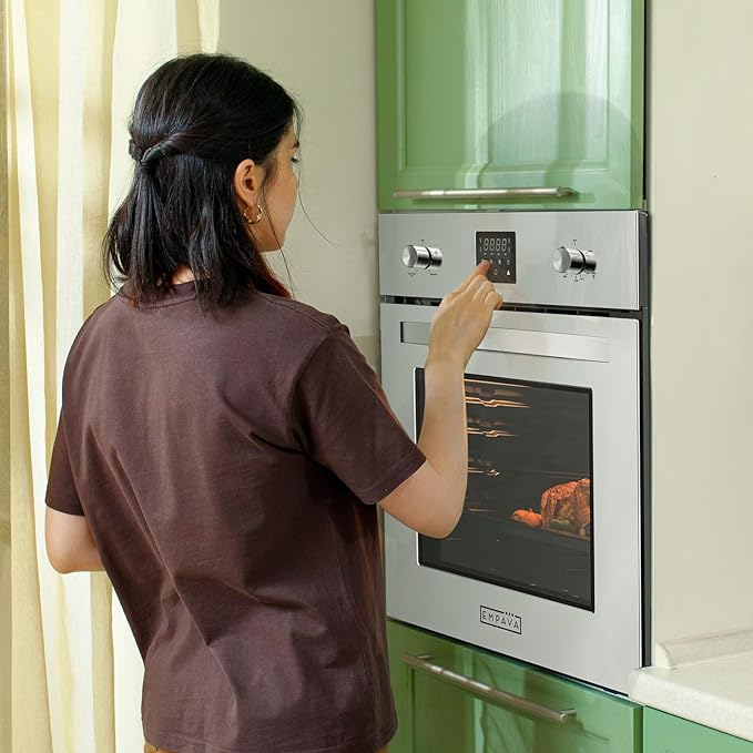 Empava 24 inch Built-In Gas Single Wall Oven with Convection and Rotisserie 5 Cooking Modes, Knob and Touch Control, LED Display, Stainless Steel
