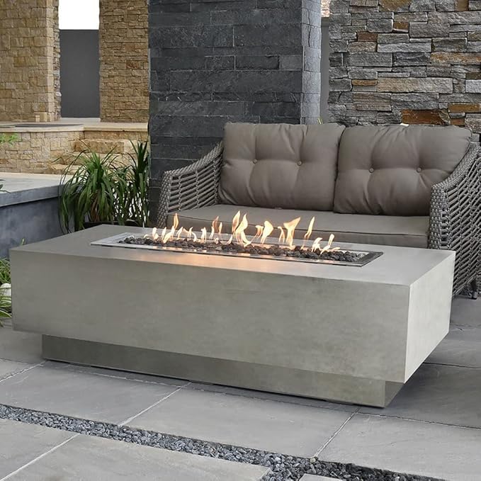 Elementi | Granville Gas Fire Pit Cast Concrete 60" Rectangular Fire Table, Outdoor Fire Pit Electronic Ignition | Canvas Cover, Lava Rock Included | Light Gray (Natural Gas)